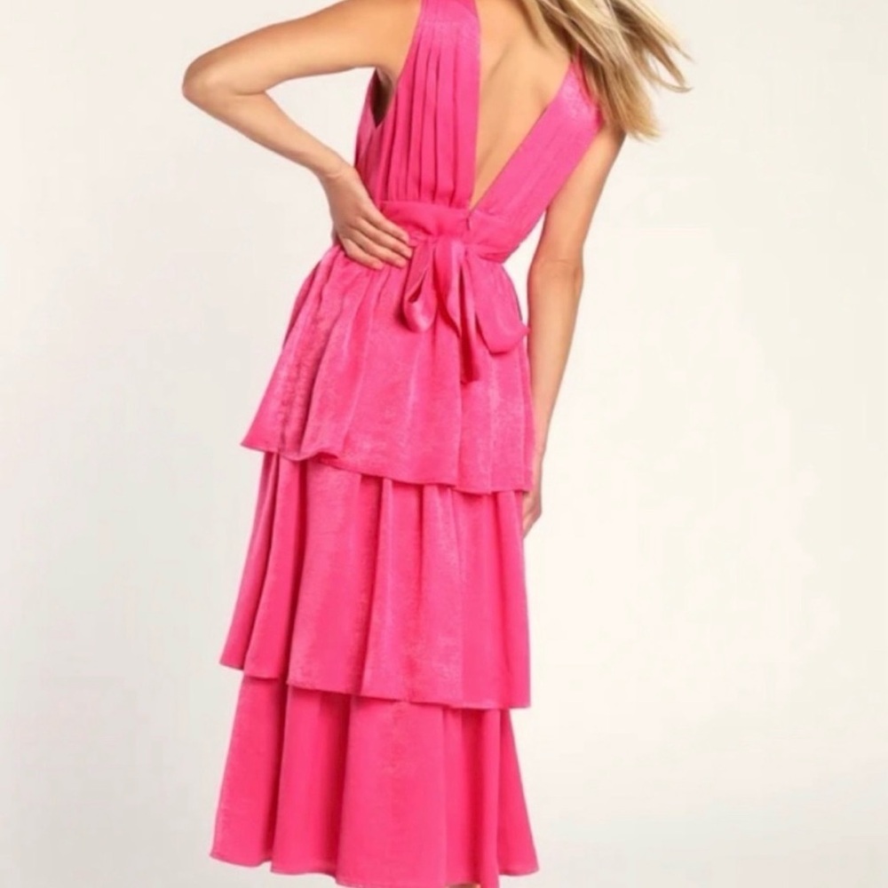NWT Lulus Peak Party Vibe Hot Pink Satin Tiered Tie-Back Midi Dress - Picture 4 of 8